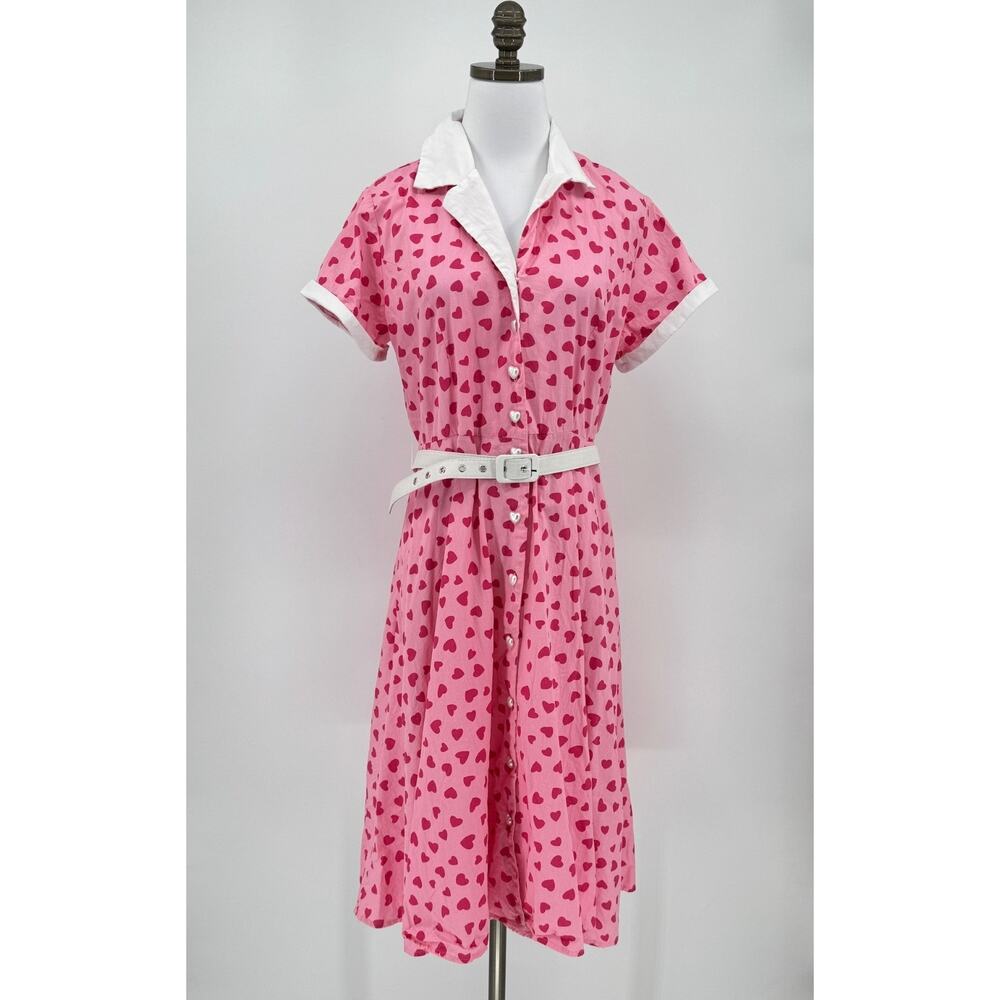 Unique Vintage Alexis Hot Pink Heart Belted Collared Button Up Swing Dress Sz XL